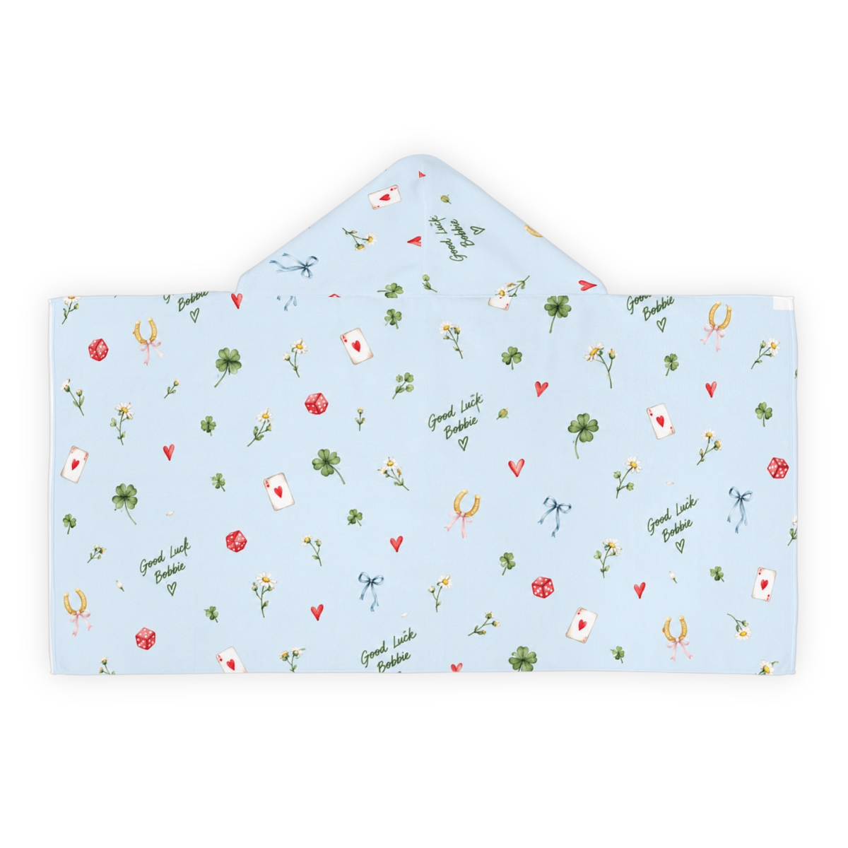 Good Luck Bobbie blue hooded towel laid flat