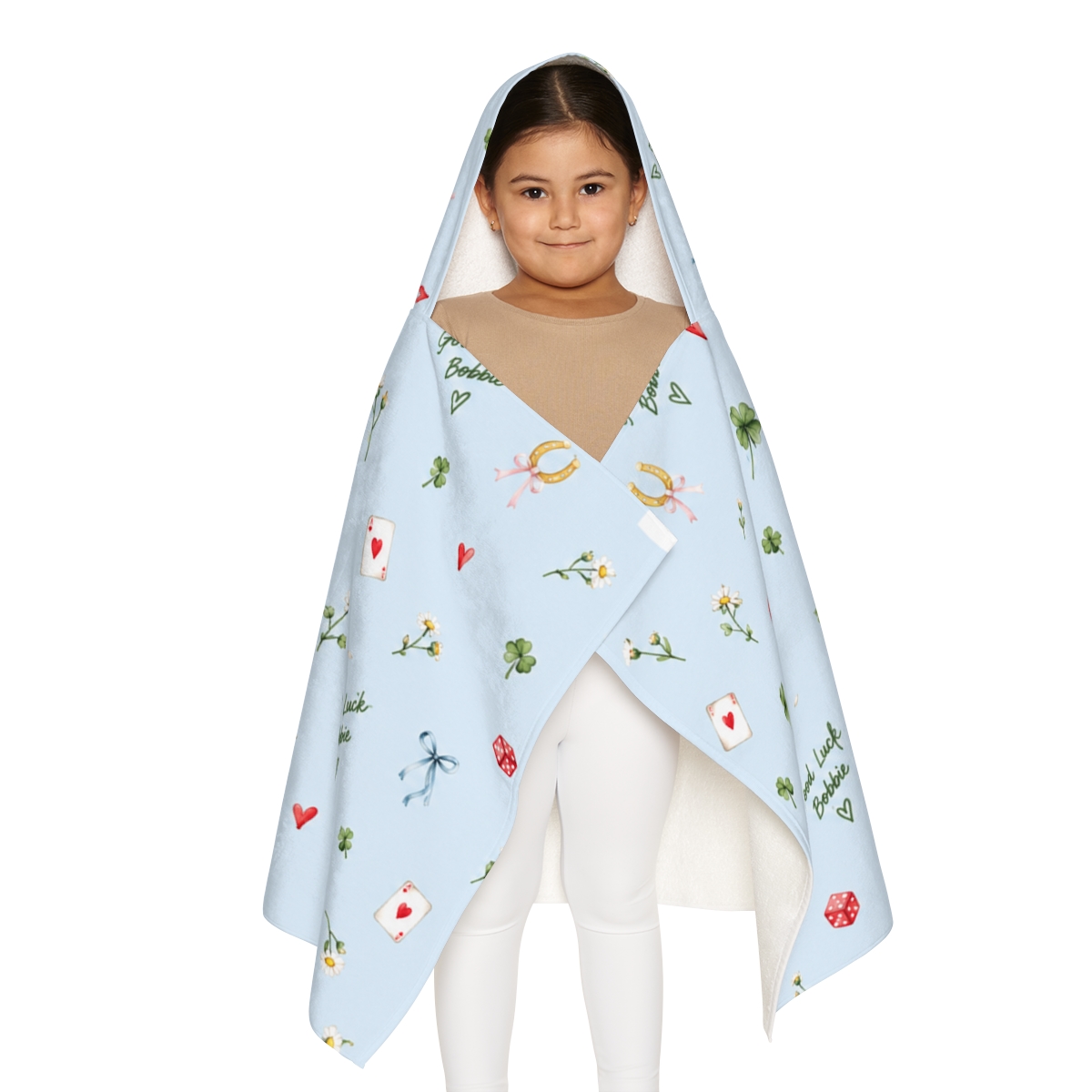 Child wearing the Good Luck Bobbie hooded towel